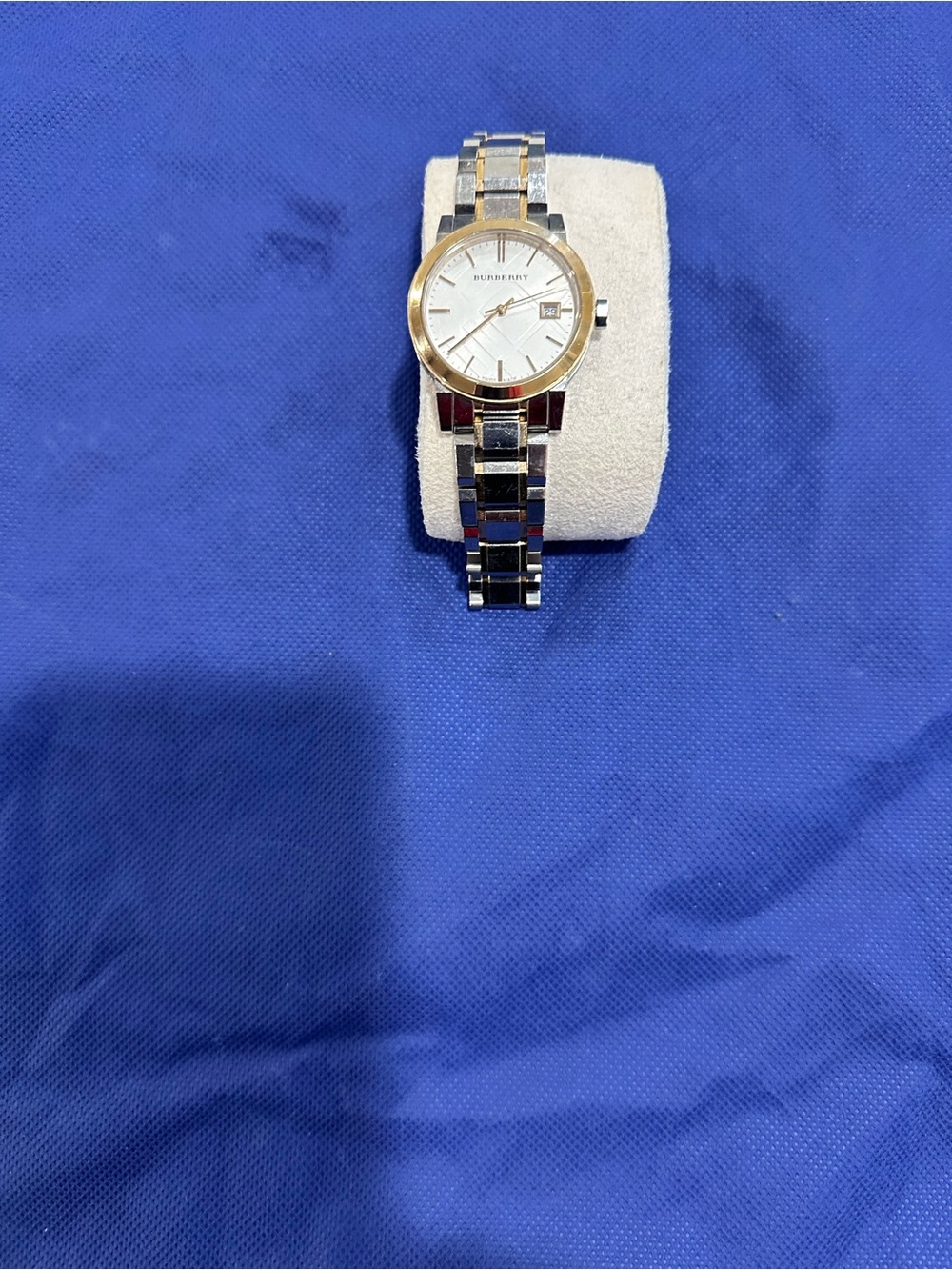 Burberry Two-Tone Silver and Gold Ladies Bracelet Watch with White Dial